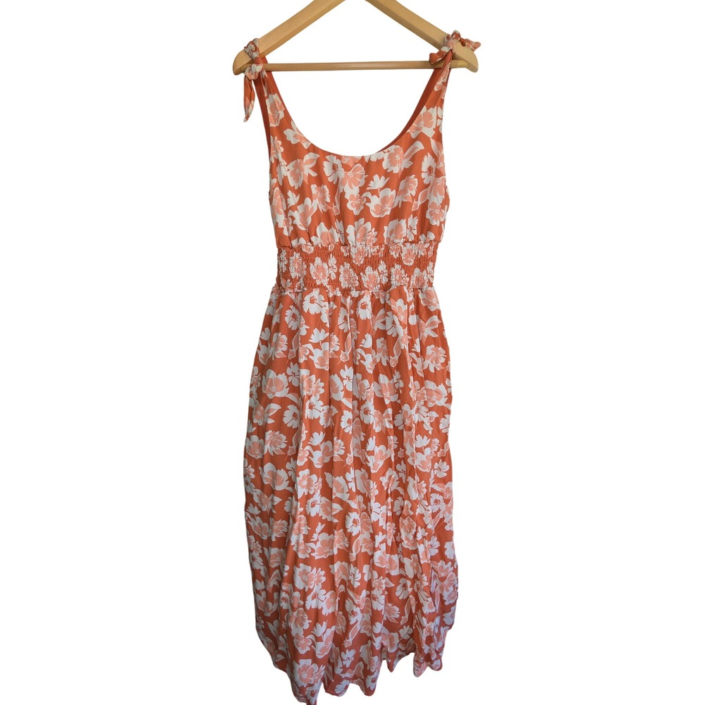 American Eagle Floral Midi Dress‎ XL Orange White Smocked Tie Shoulder Pockets